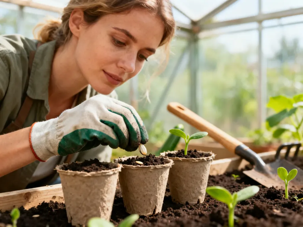 Ogrodniczka w rękawicach sadzi nasiona cukinii do doniczek torfowych w słonecznej szklarni.